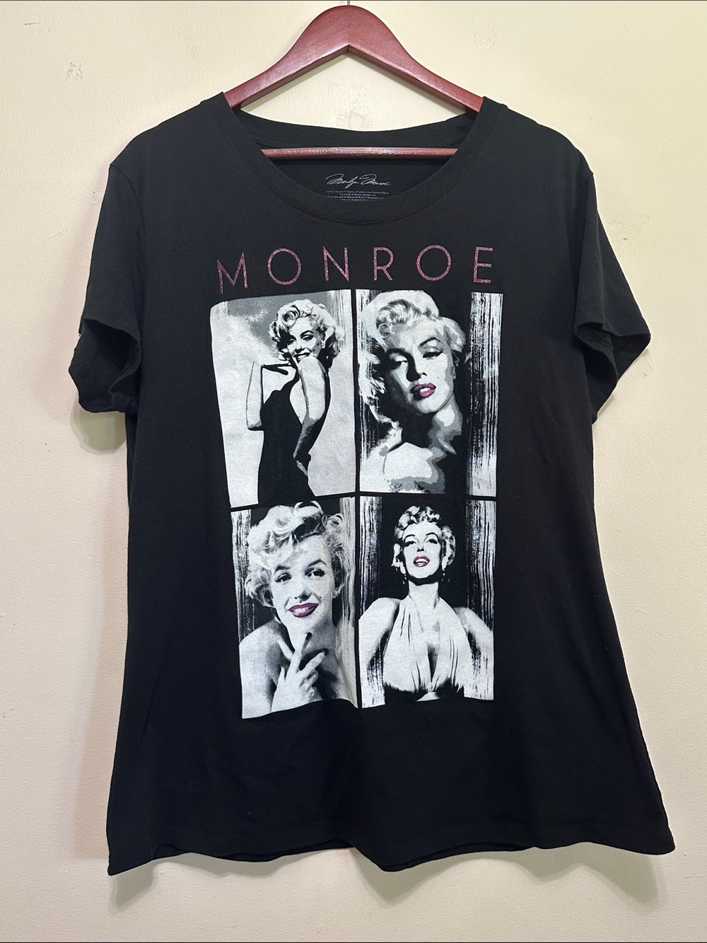 Marilyn Monroe Black Tee with Monochrome Photo Collage and Pink Logo